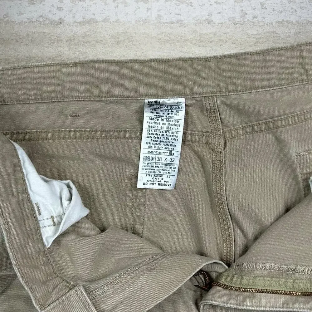 Vintage 90s Carhartt Carpenter Pants 38x32 Baggy Wide Leg Tan Canvas Dungarees - Picture 4 of 8